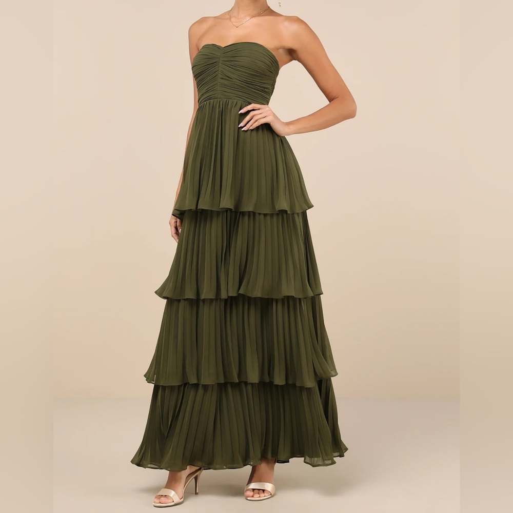 Lulu’s Seriously Sensational Olive Green Strapless Tiered Maxi Dress - Picture 2 of 3